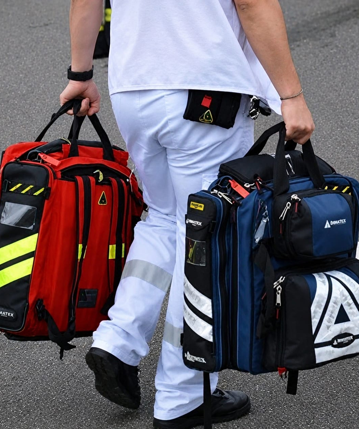 Agente de sécurité avec une trousse de secours sur fond sombre